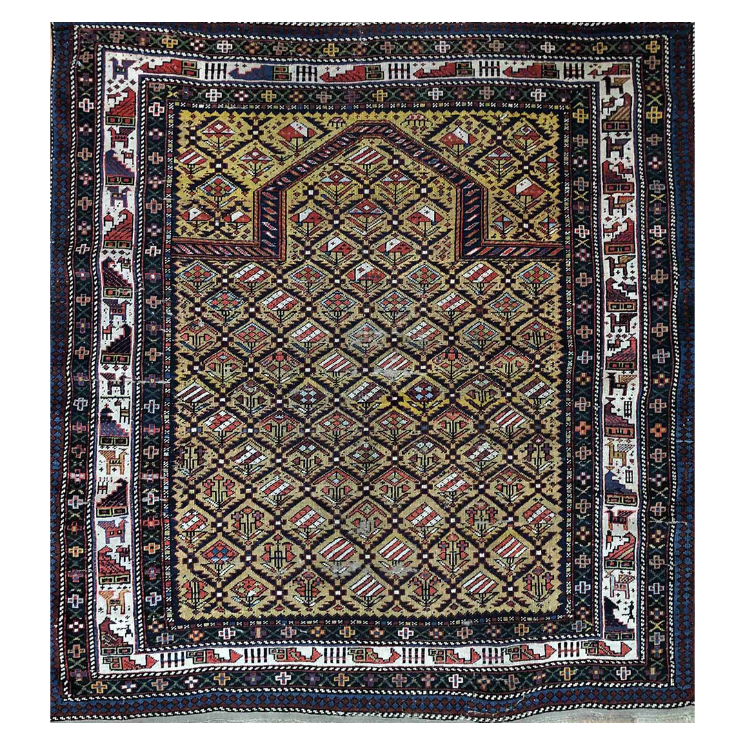 Classic Caucasian - 1870s Antique Prayer Design - Daghestani Rug - 4'6" x 4'10" ft