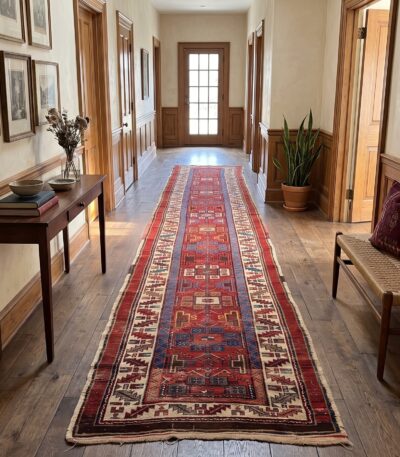 Ageless Azerbaijan 1890s antique Persian Kurdish runner styled in a hallway room setting
