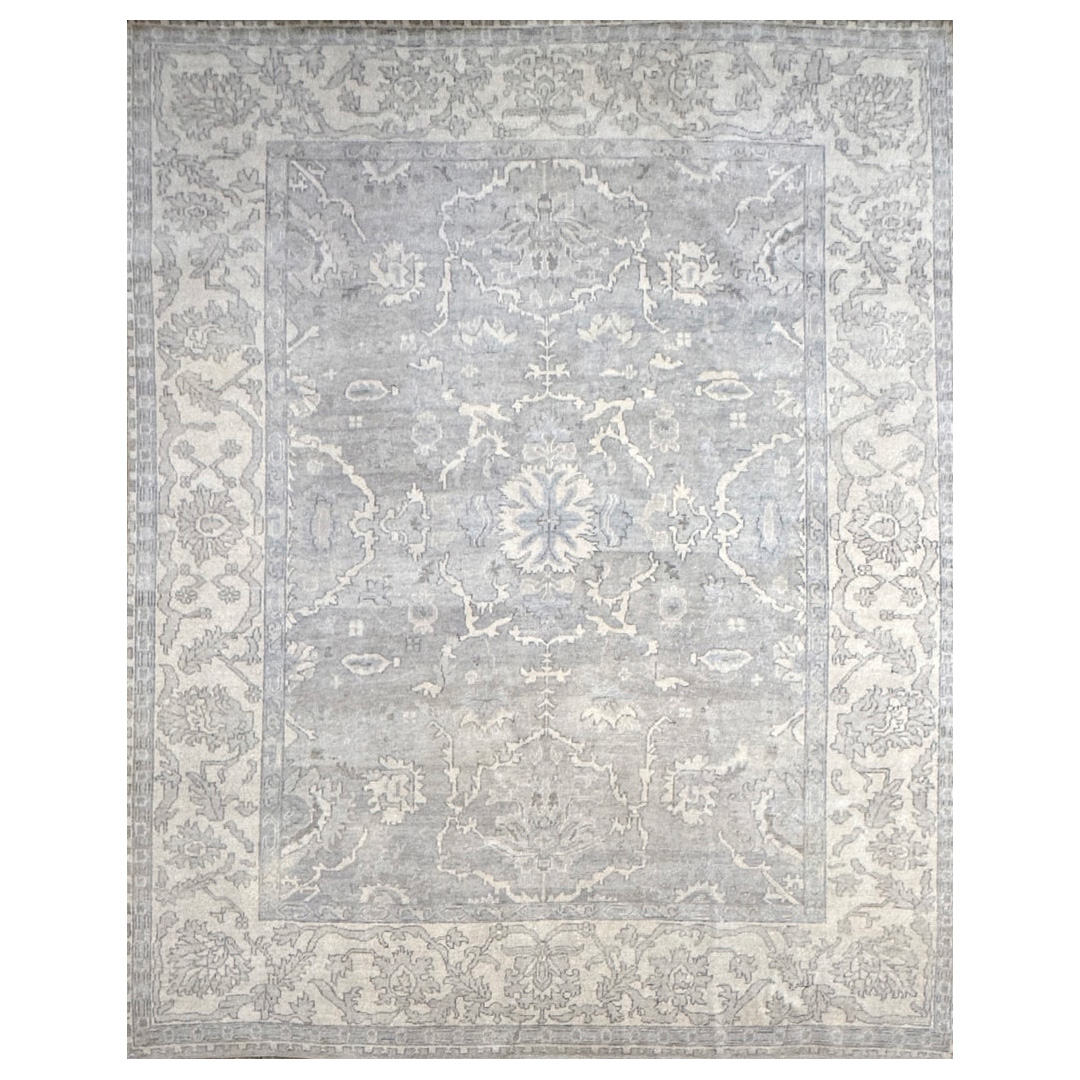 Subtle Oushak Rug - Soft Cream and Blue/Gray Indian Rug - 9' x 12' ft.
