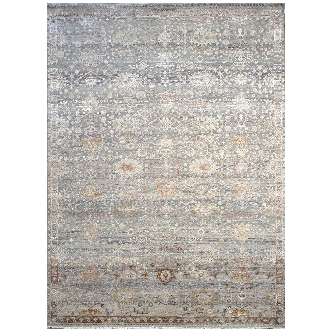 Silk and Wool Distressed Tabriz Design Rug - 9'1" x 12'3" ft.