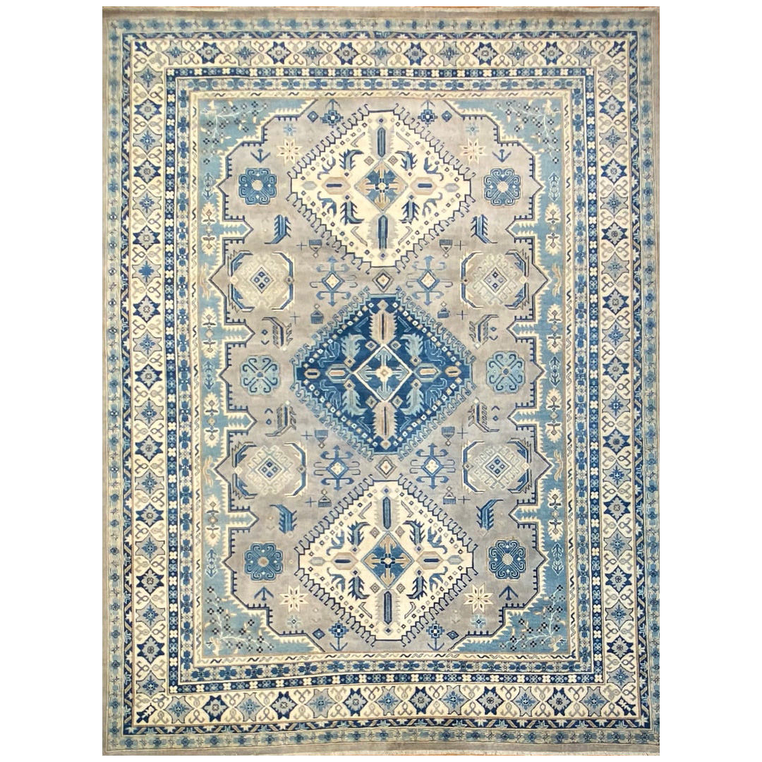 Fine Tribal Oushak - Intricate Wool Taupe and Blue Rug - 9' x 12' ft.