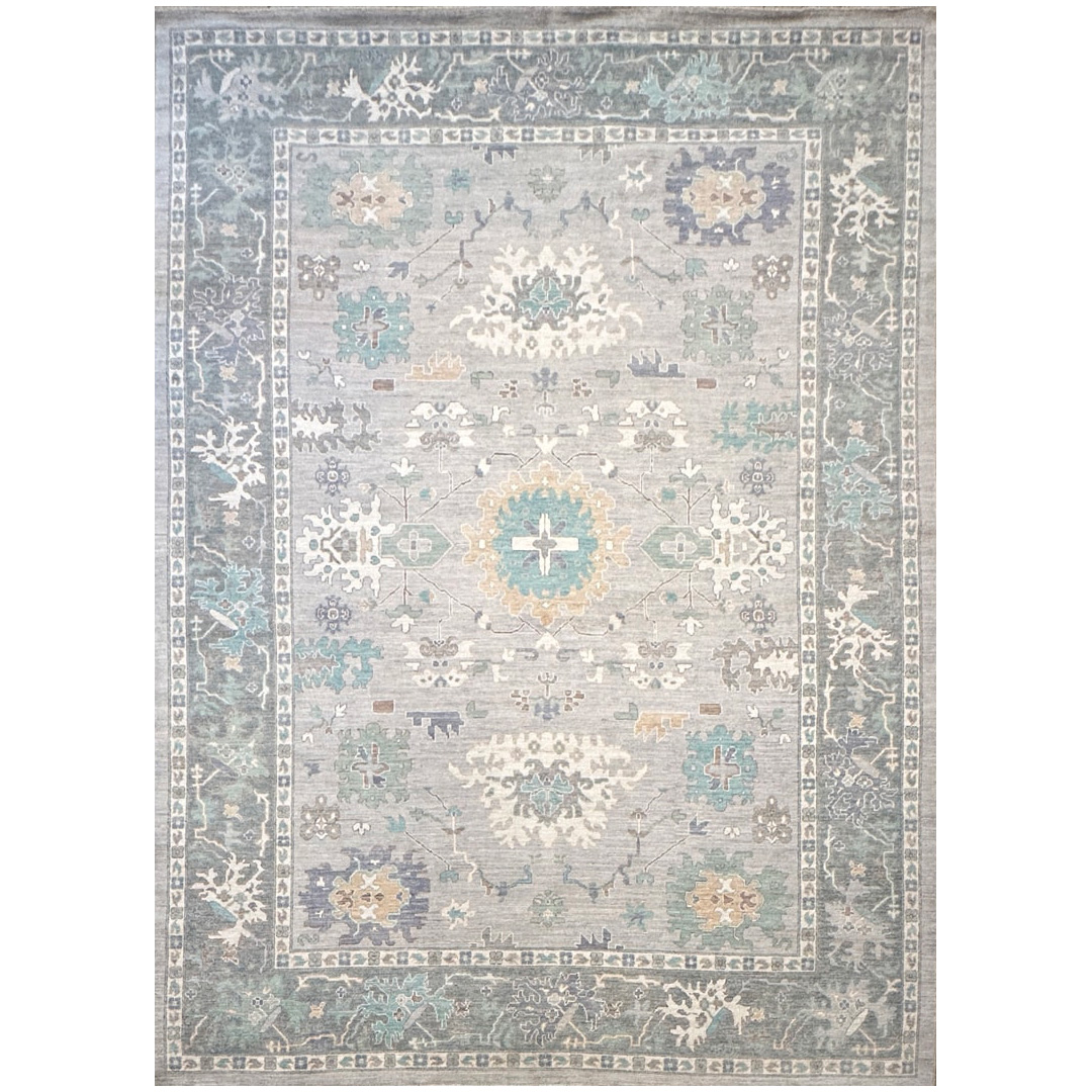 Aqua-Accented Oushak - Hand-Knotted Wool Gray and Green Rug - 10' x 14' ft.