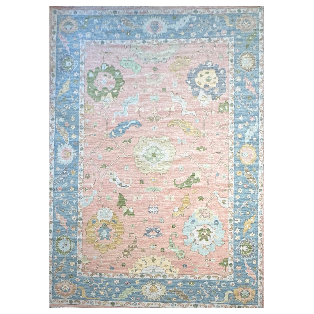 Soft Pink Oushak - Hand-Knotted Afghan Wool Pink Rug - 10' x 14' ft.