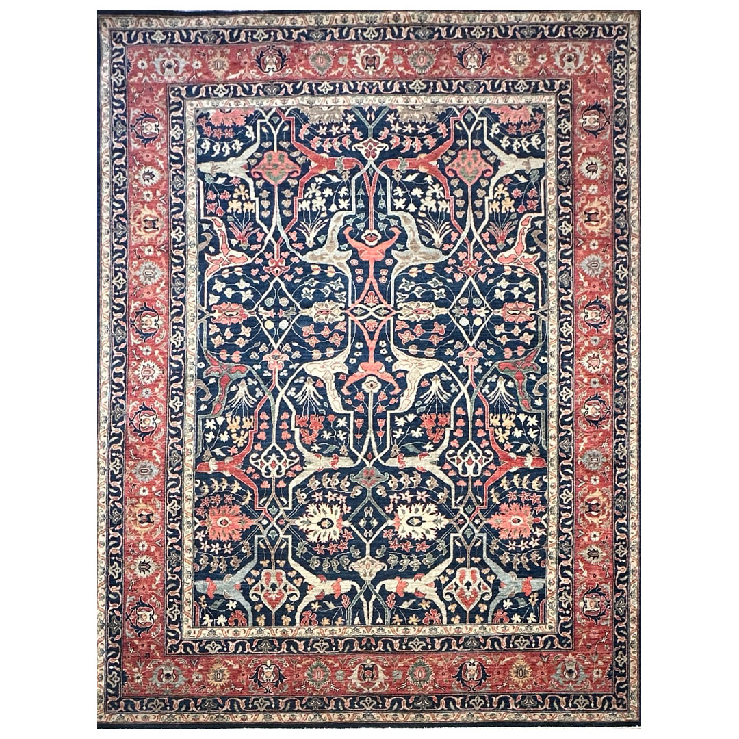 Fine Navy and Brick Oushak - Hand-knotted Afghan Wool Rug - 9' x 12' ft,