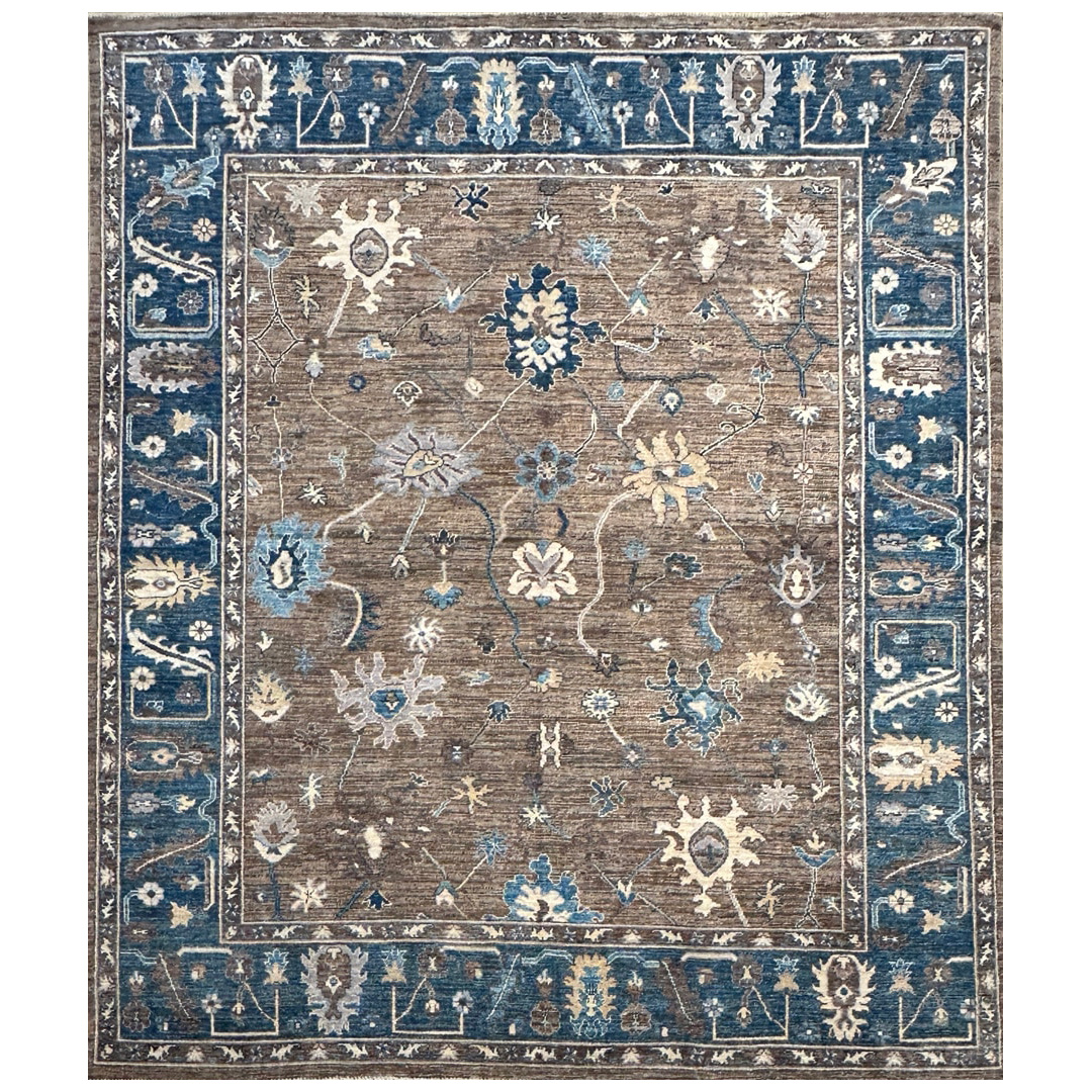 Deep Brown and Navy Oushak - Hand-knotted Afghan Wool Rug - 8' x 10' ft.