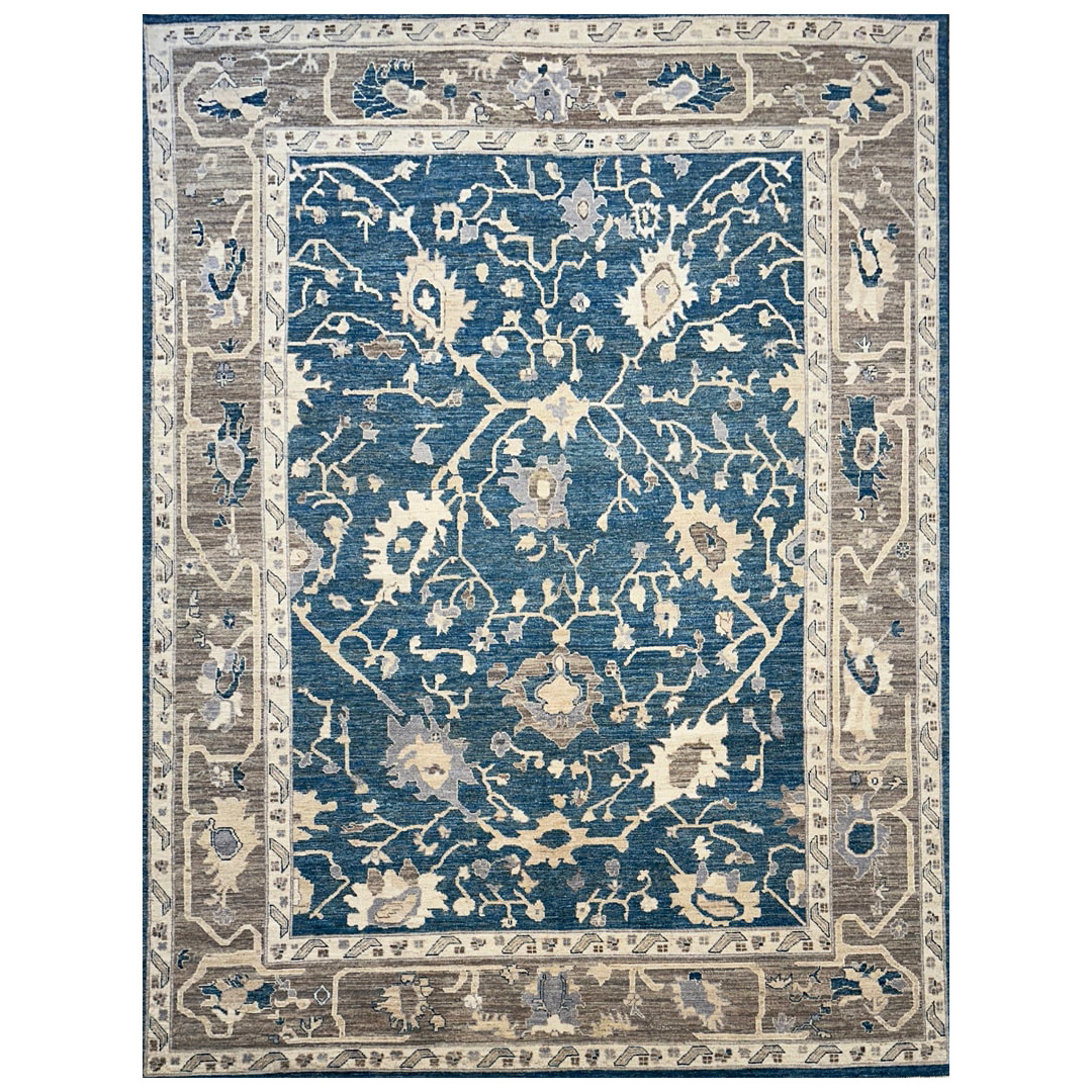 Rich Navy and Taupe Oushak - Hand-knotted Afghan Wool Rug - 9' x 12' ft.