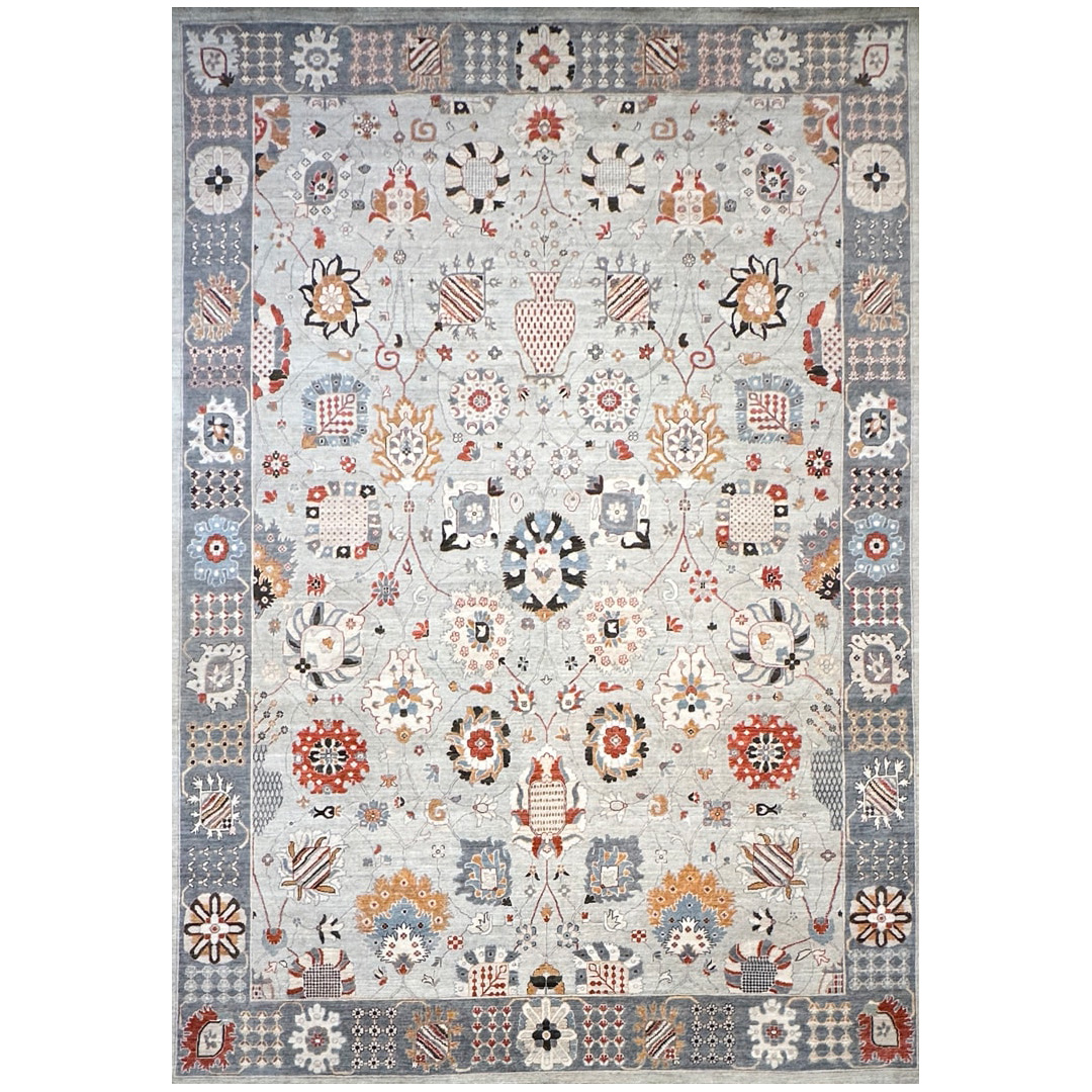 Soft Silver Oushak - Hand-knotted Afghan Rug - 9'9" x 13'9" ft.