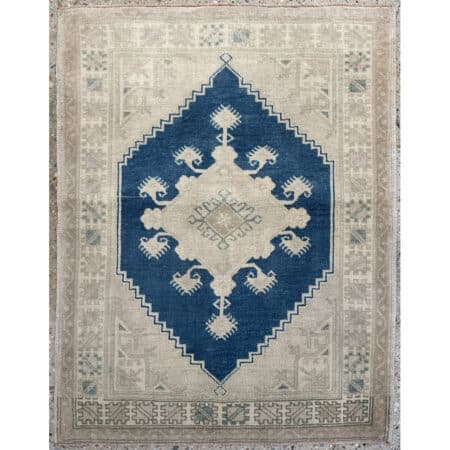 Vintage Navy and Beige Oushak - 3'3" x 4'1" ft.
