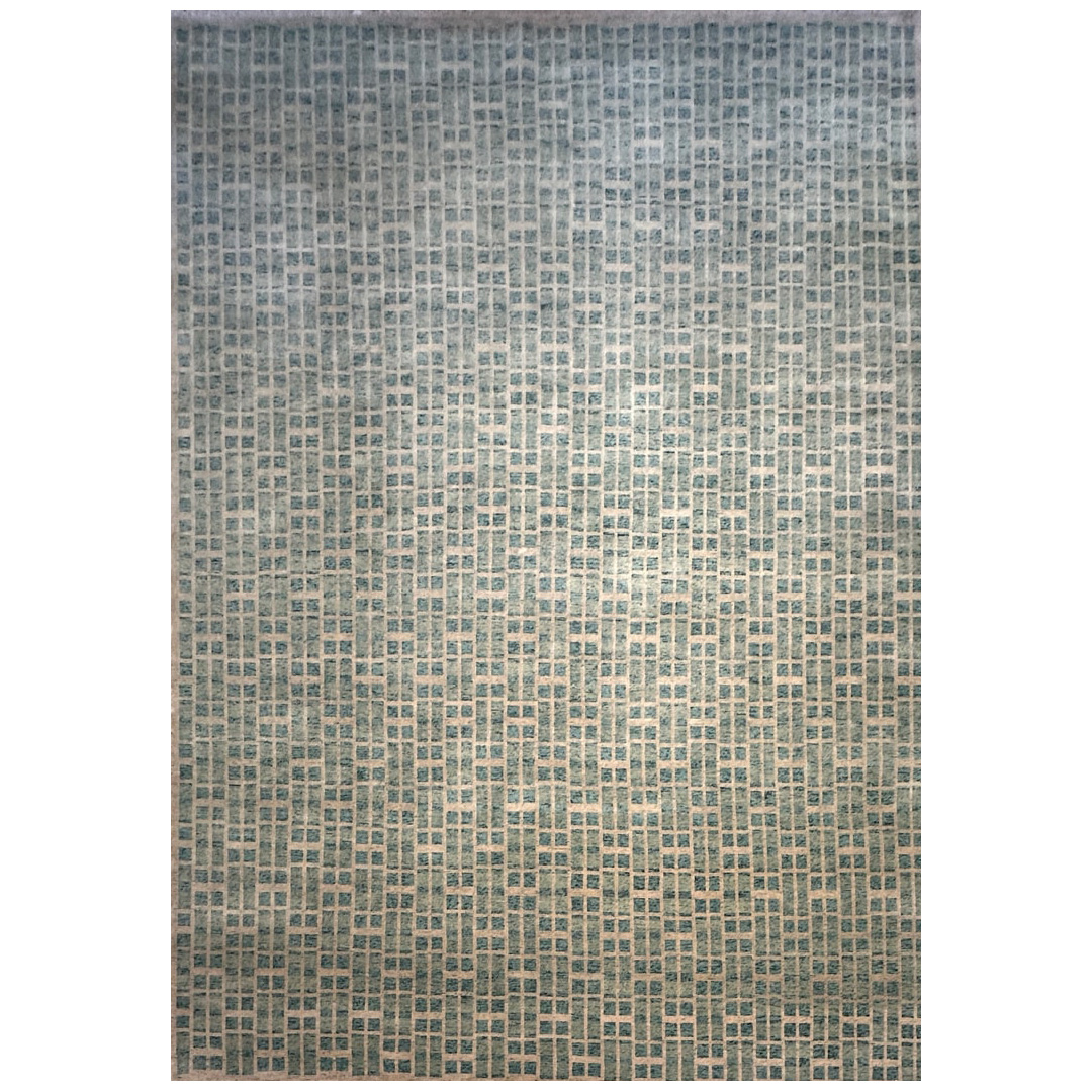 Modern Geometric Green Rug - Hand-knotted Wool Carpet - 10'x14' ft.