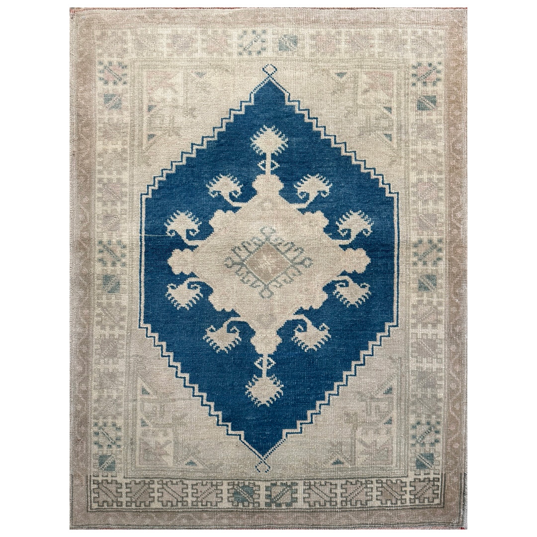 Vintage Navy and Beige Oushak - 3'3" x 4'1" ft.