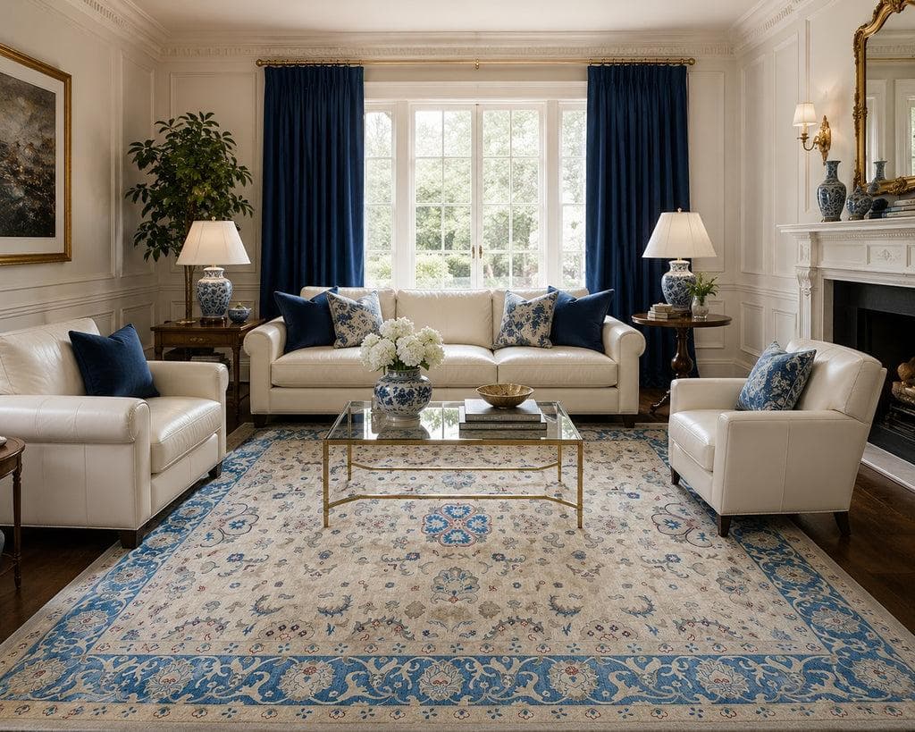 Living room with Persian rug and curtains sharing matching colors