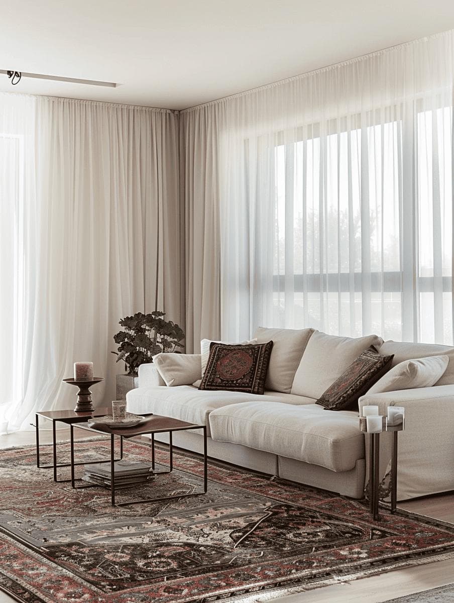 Patterned rug combined with simple curtains in a stylish living room