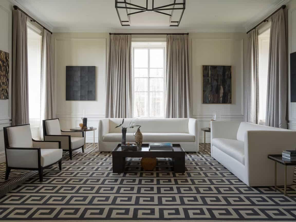 Neutral curtains help balance a bold rug and keep the room feeling comfortable and elegant
