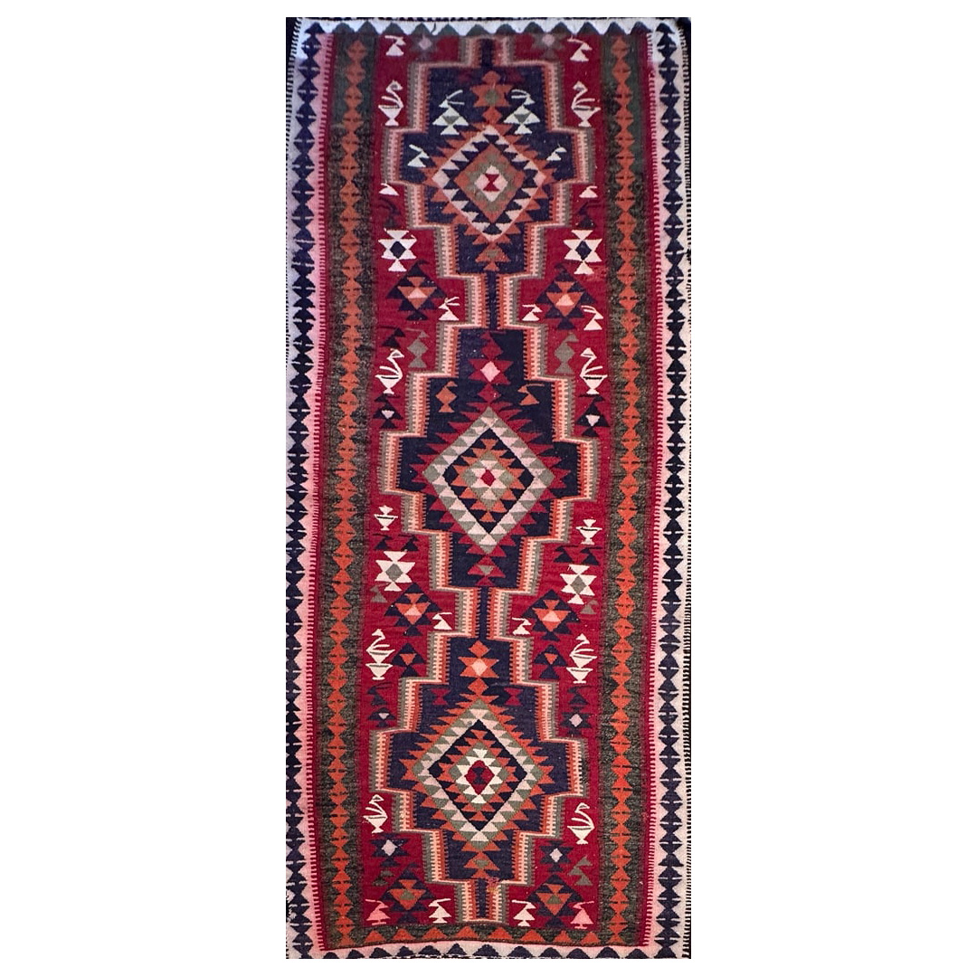 Red Geometric Design, Traditional Kilim Rug - 4'2" x 10 ft.