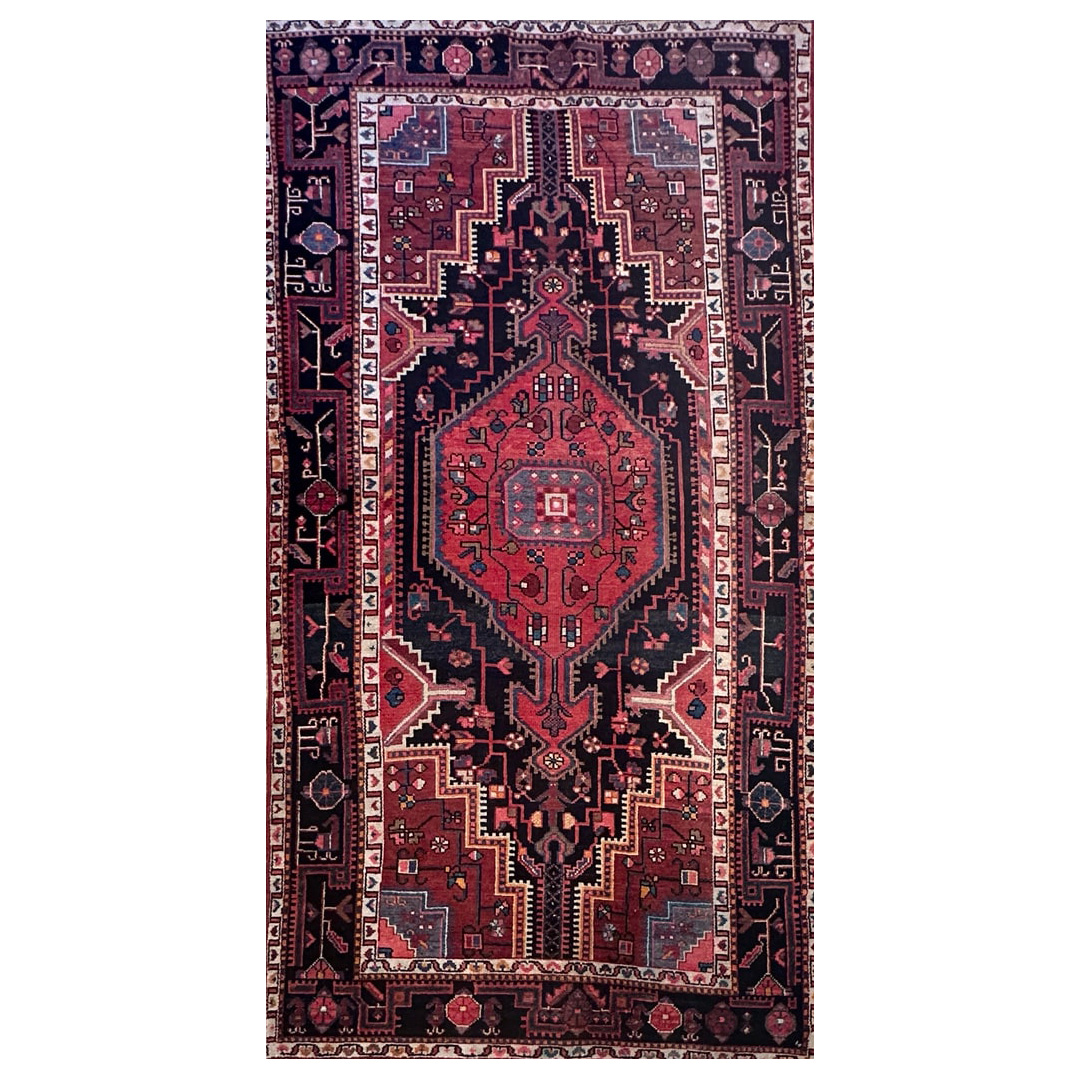Blue Geometric Design, Traditional Hamadan Rug - 4'2 x 8'4 ft.