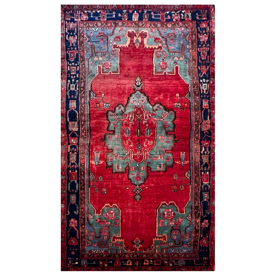 Red Geometric Design, Traditional Hamadan Rug - 4'4 x 7'6 ft.