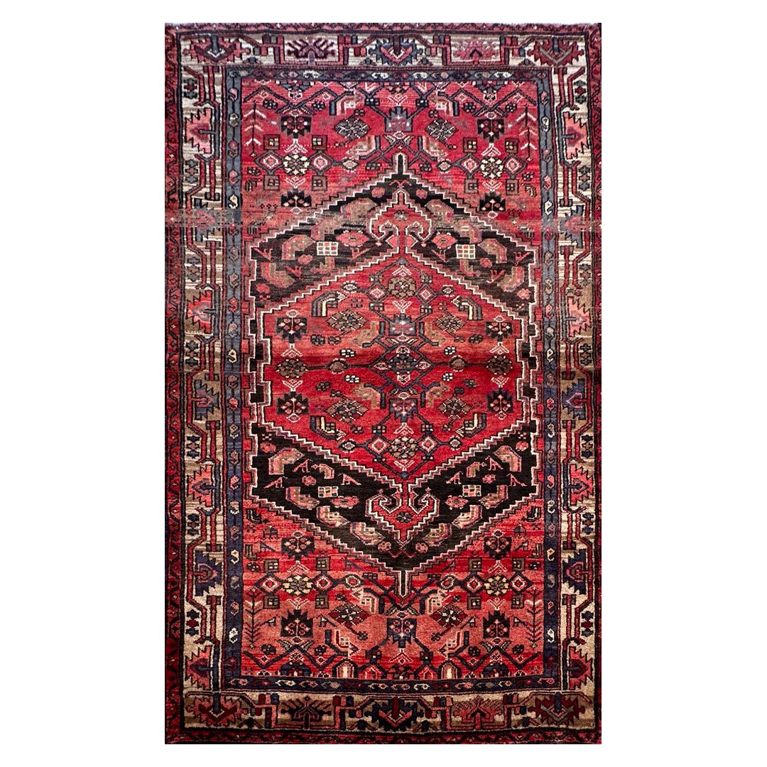 Red Geometric Design, Traditional Hamadan Rug - 4'2 x 6'10 ft.