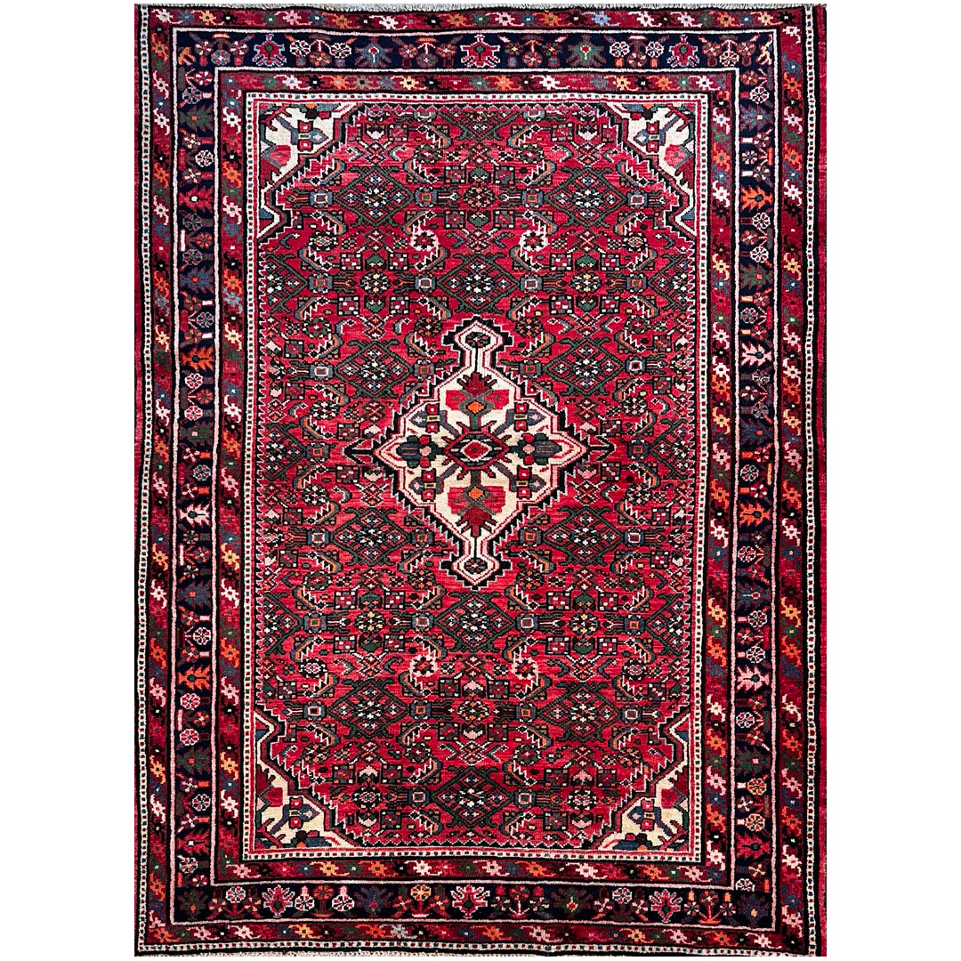 Red Geometric Design, Traditional Hamadan Carpet - 4'9 x 6'6 ft.