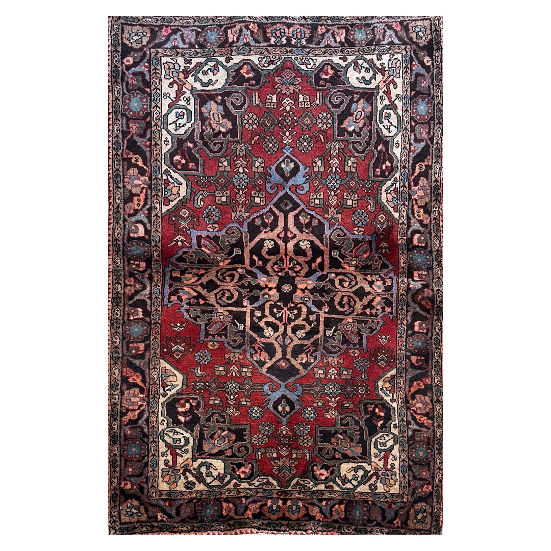 Red Geometric Design, Traditional Azarbayejan Carpet - 4' x 6'3'' ft.
