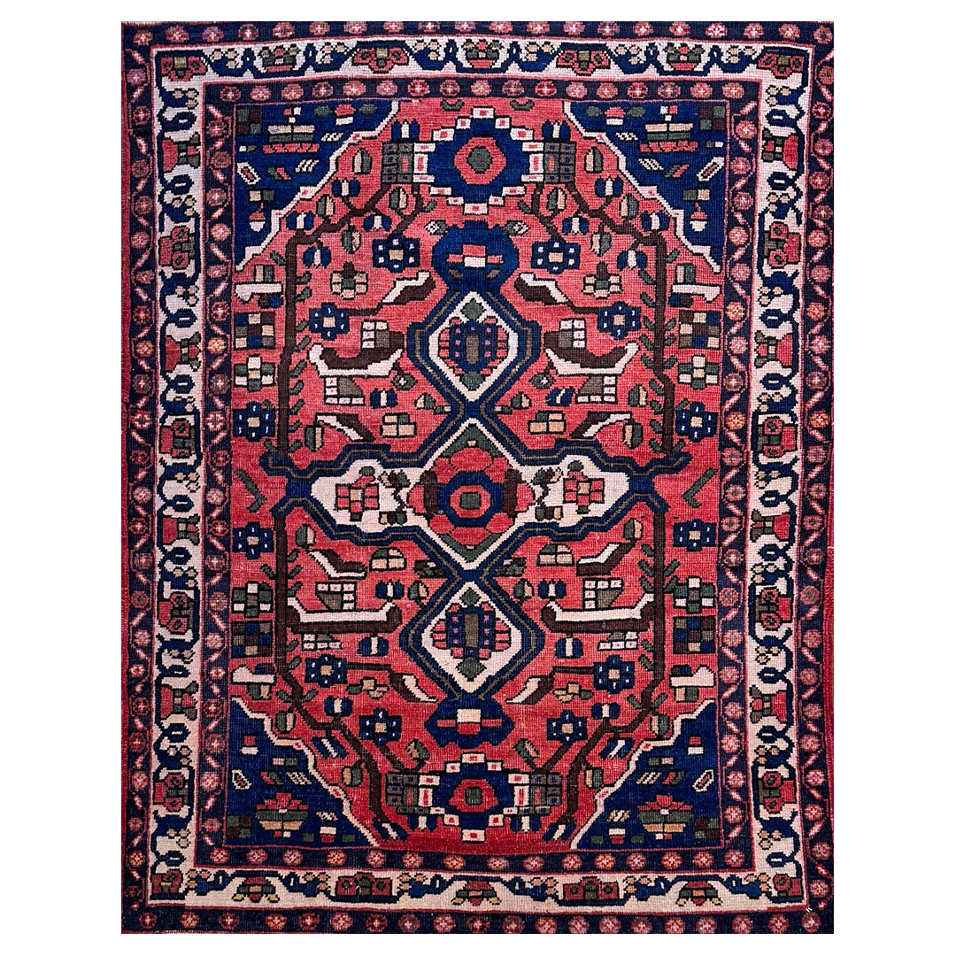 Red Geometric Design, Traditional Bakhtiari Rug - 4'11 x 6'4 ft.