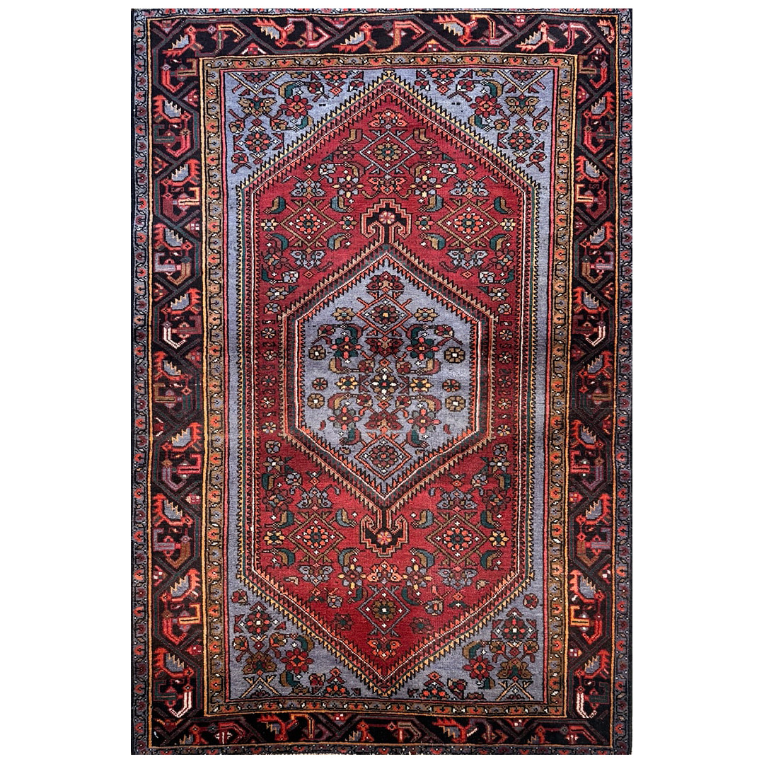 Red Geometric Design, Traditional Hamadan Rug - 4'4'' x 6'7'' ft.