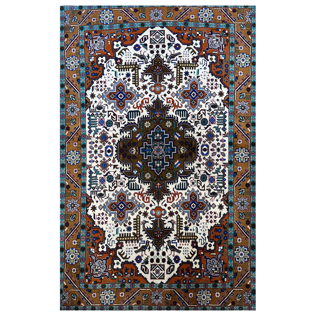 Ivory Geometric Design, Traditional Tabriz Rug - 3' x 5' ft.