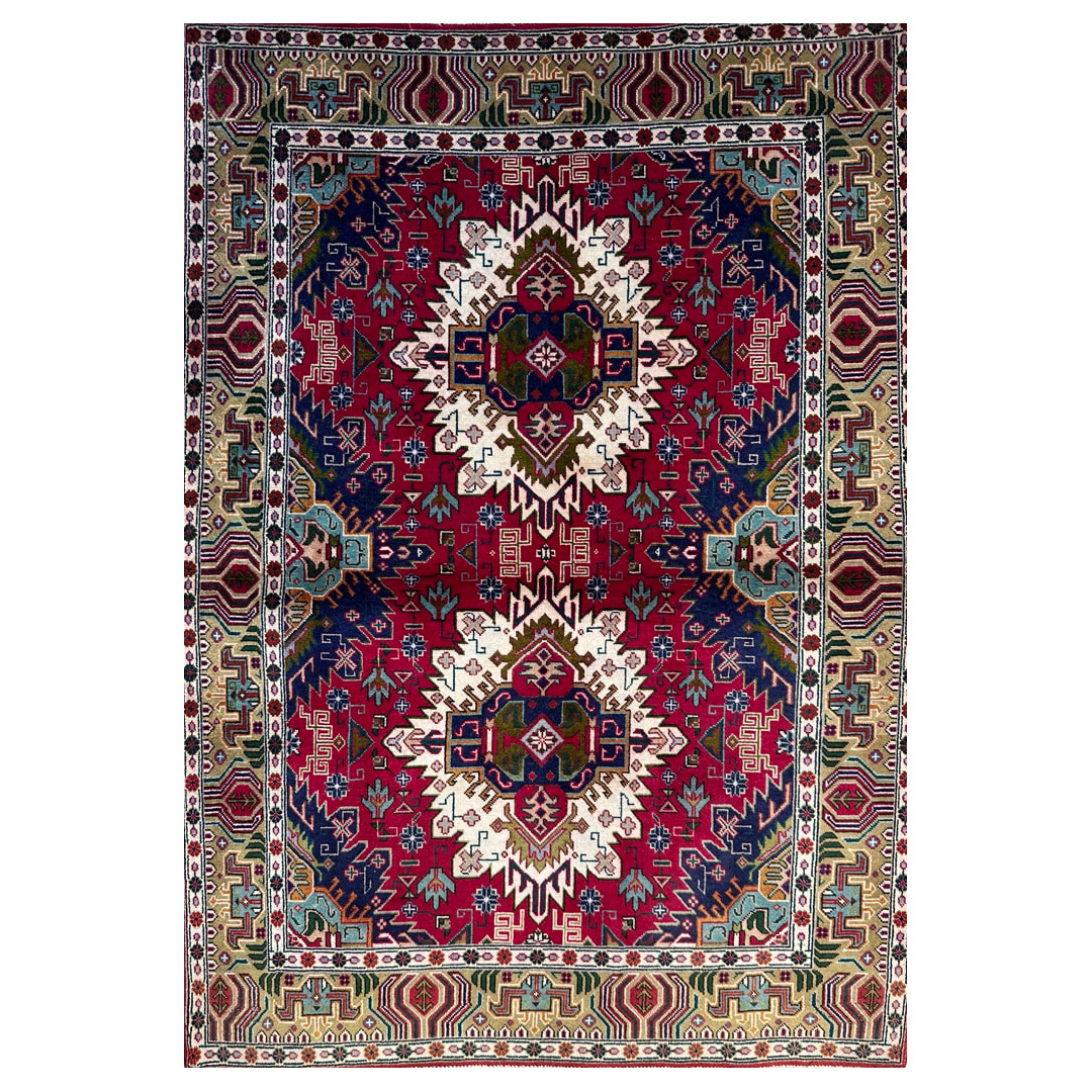 Red Geometric Design, Traditional Tabriz Rug - 3'4 x 4'9 ft.