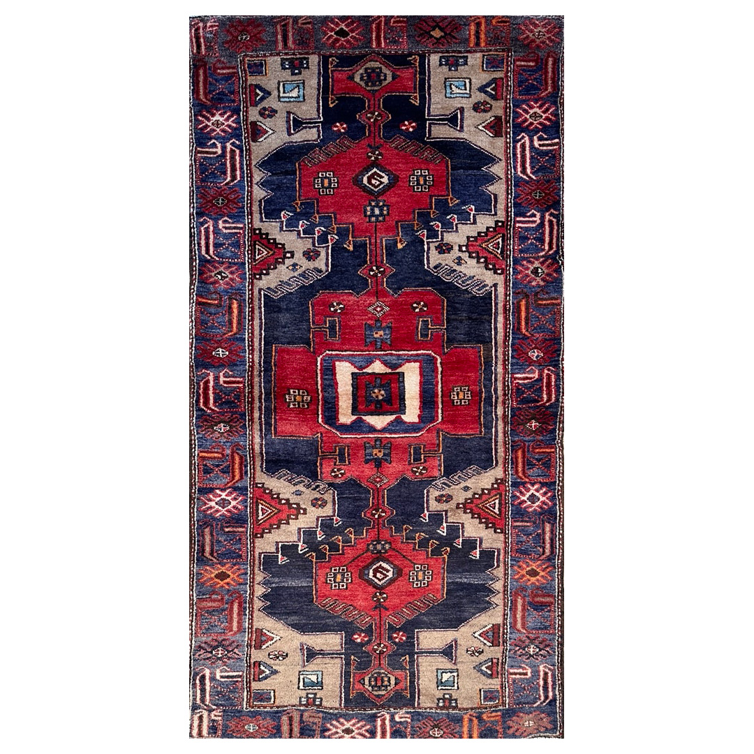 Blue Geometric Design, Traditional Hamadan Rug - 3'5'' x 6'7'' ft.