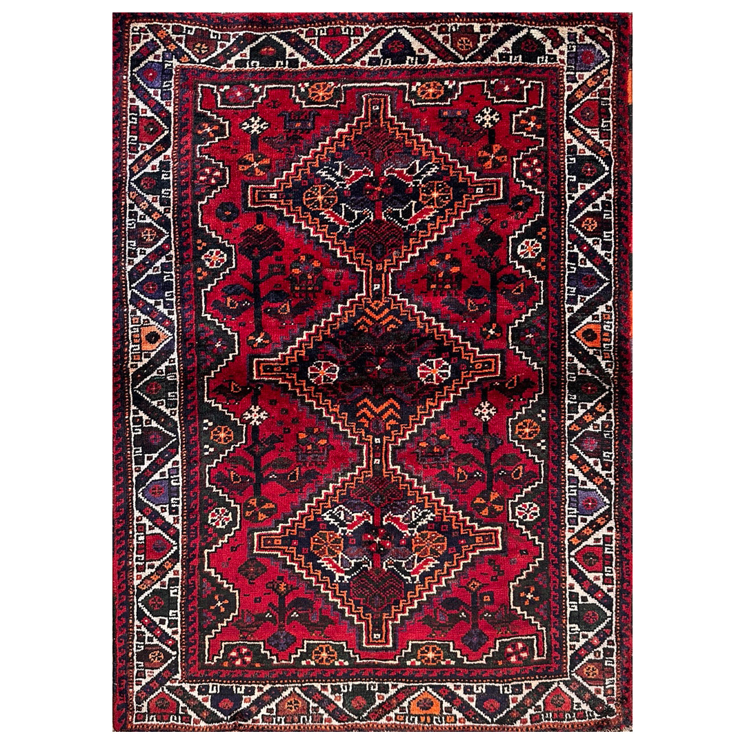 Red Geometric Design, Traditional Shiraz Rug - 3'2 x 4'10 ft.