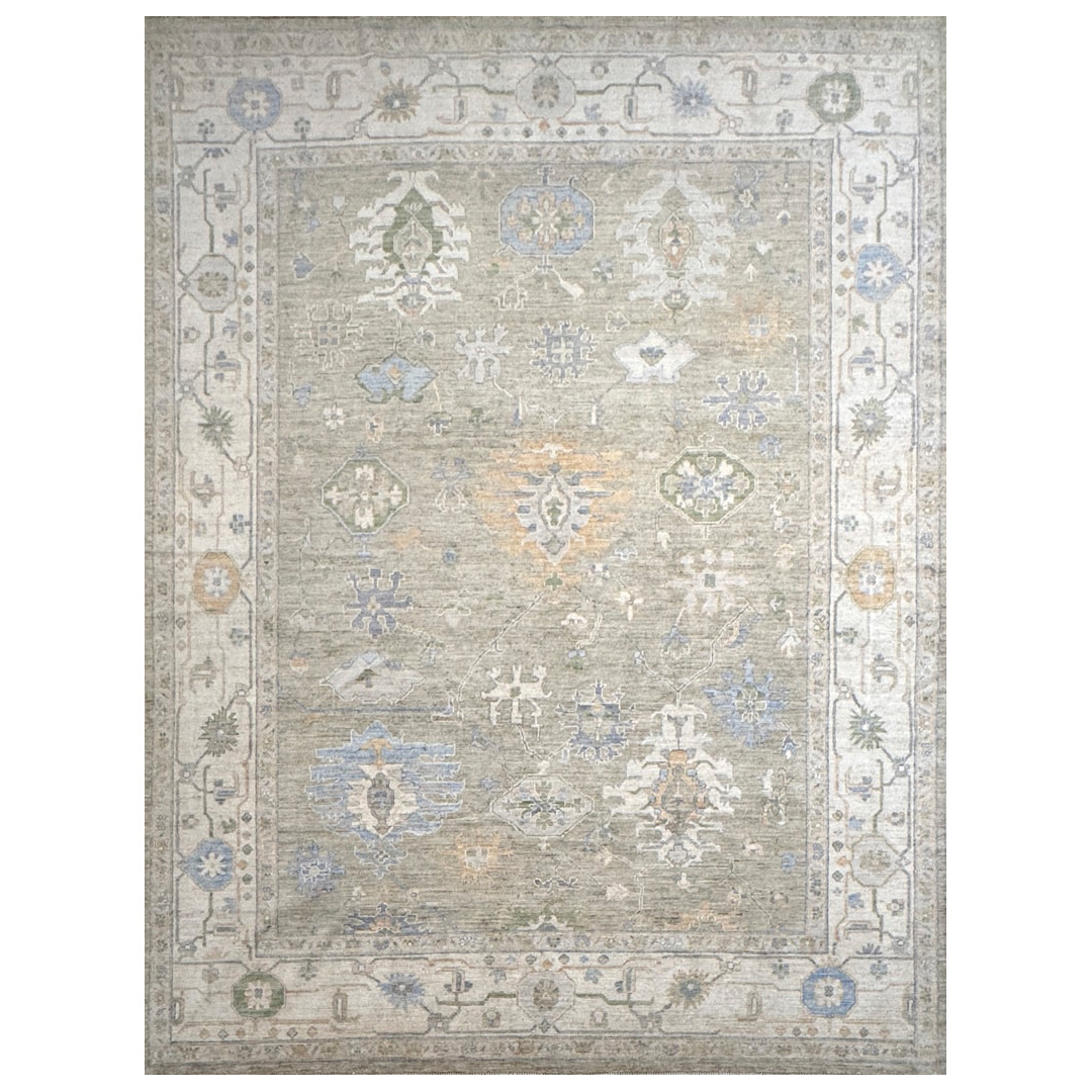 Fine AFG Oushak Olive Green Rug - 8'10" x 11'10" ft.