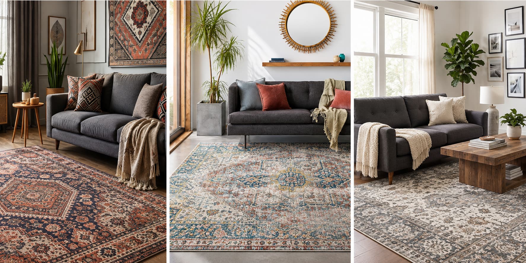 Patterned Rug + Dark Gray Sofa