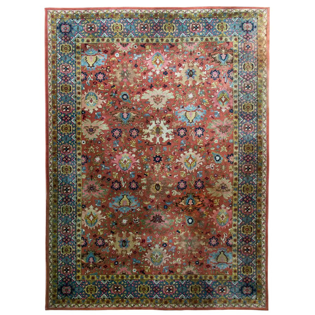 Gorgeous German - 1940s Antique Tetex Rug - European Floral Design in Rust and Blue - 10'7" x 14'3" ft.