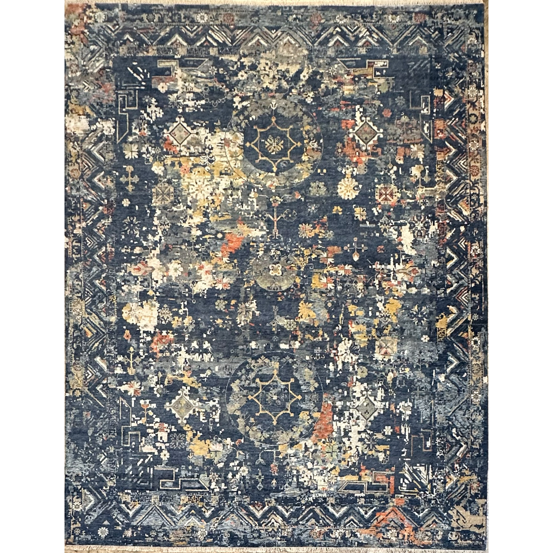 Celestial Night - Abstract Modern Navy & Gold Rug - 9' x 12' ft.