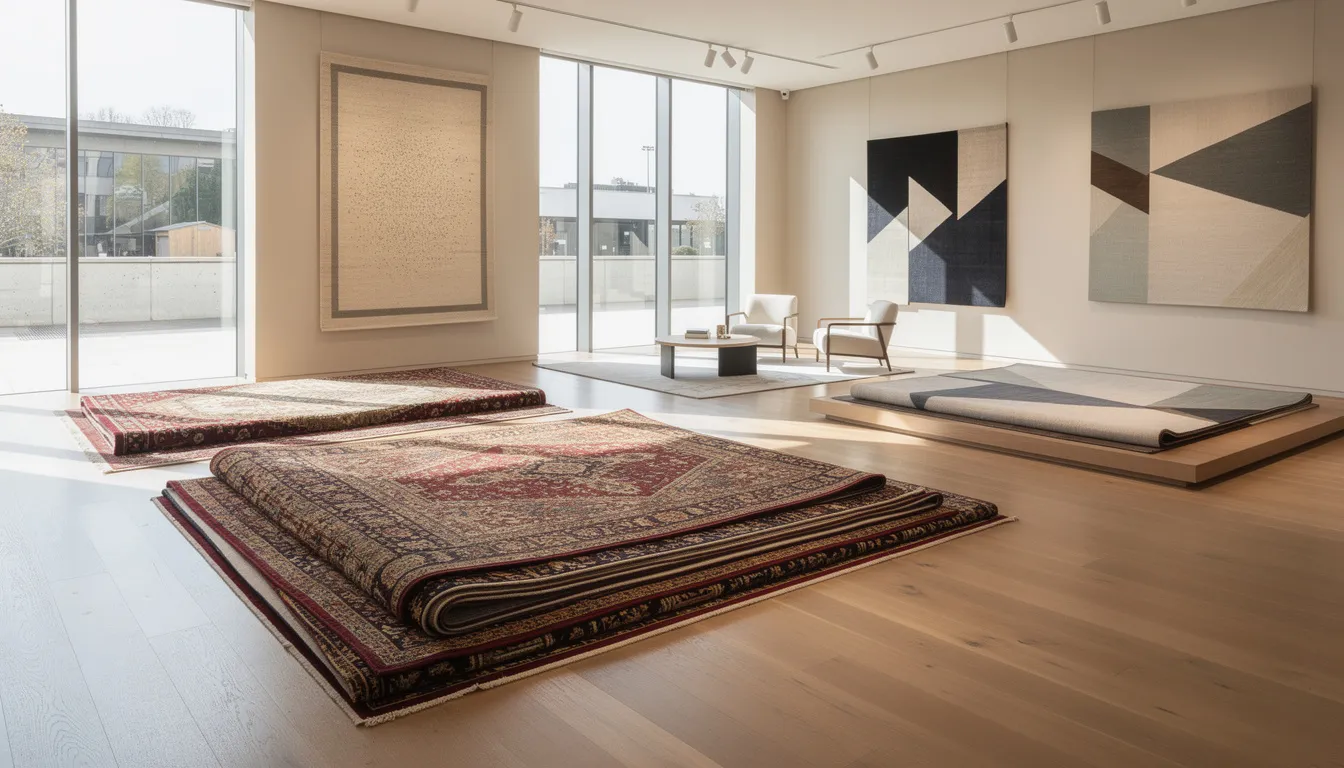 The image depicts an elegant rug showroom interior, showcasing a beautiful collection of layered Persian and modern rugs under soft, natural lighting. This space exudes timeless elegance, inviting rug enthusiasts to explore exquisite pieces that blend traditional craftsmanship with modern style.