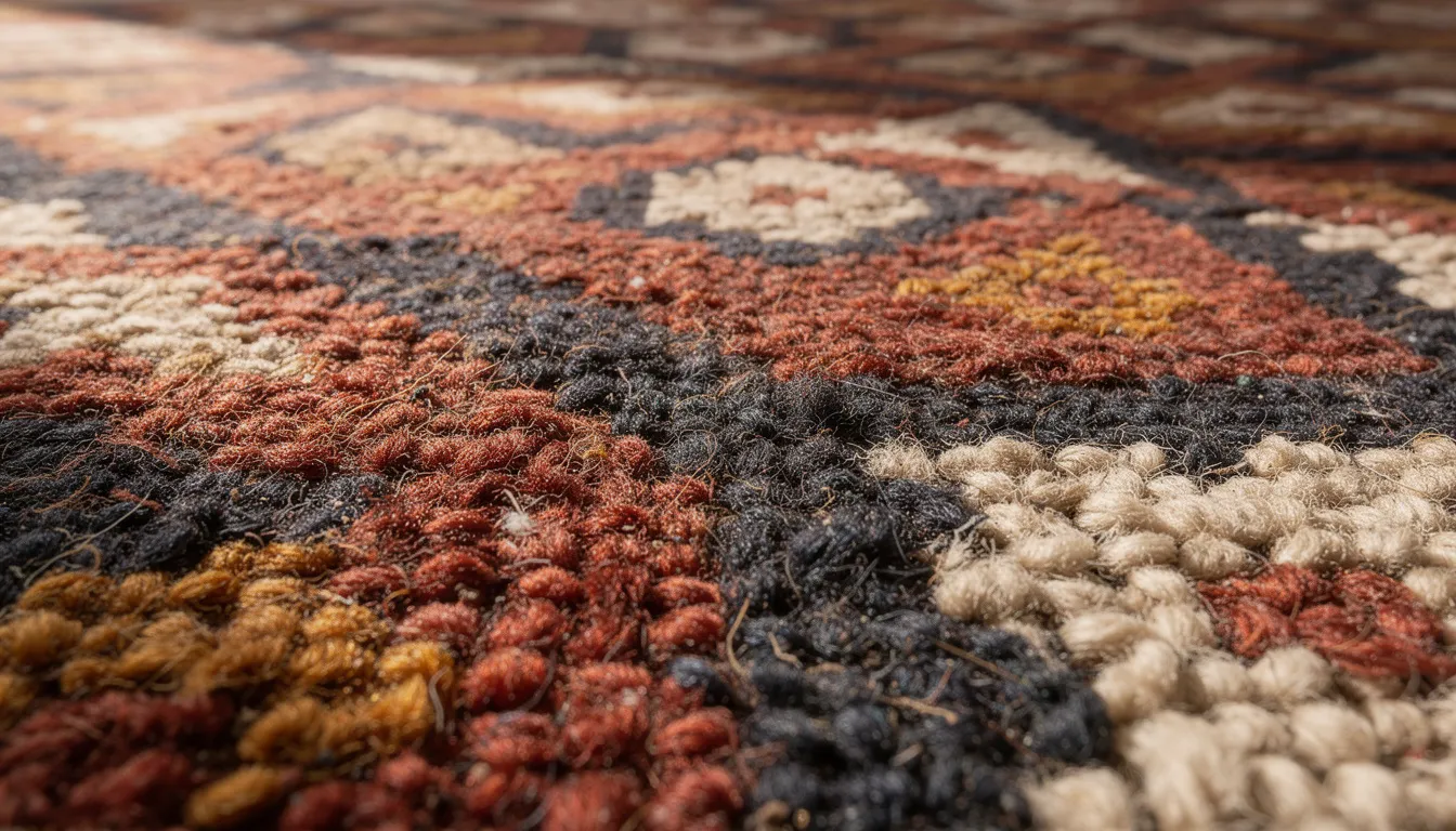 A close-up photograph showcases the intricate knot details of a hand-knotted wool rug, featuring rich natural dyes that highlight its beautiful craftsmanship. This exquisite piece, part of a collection of antique rugs, embodies timeless elegance and quality, making it a perfect addition to any space.