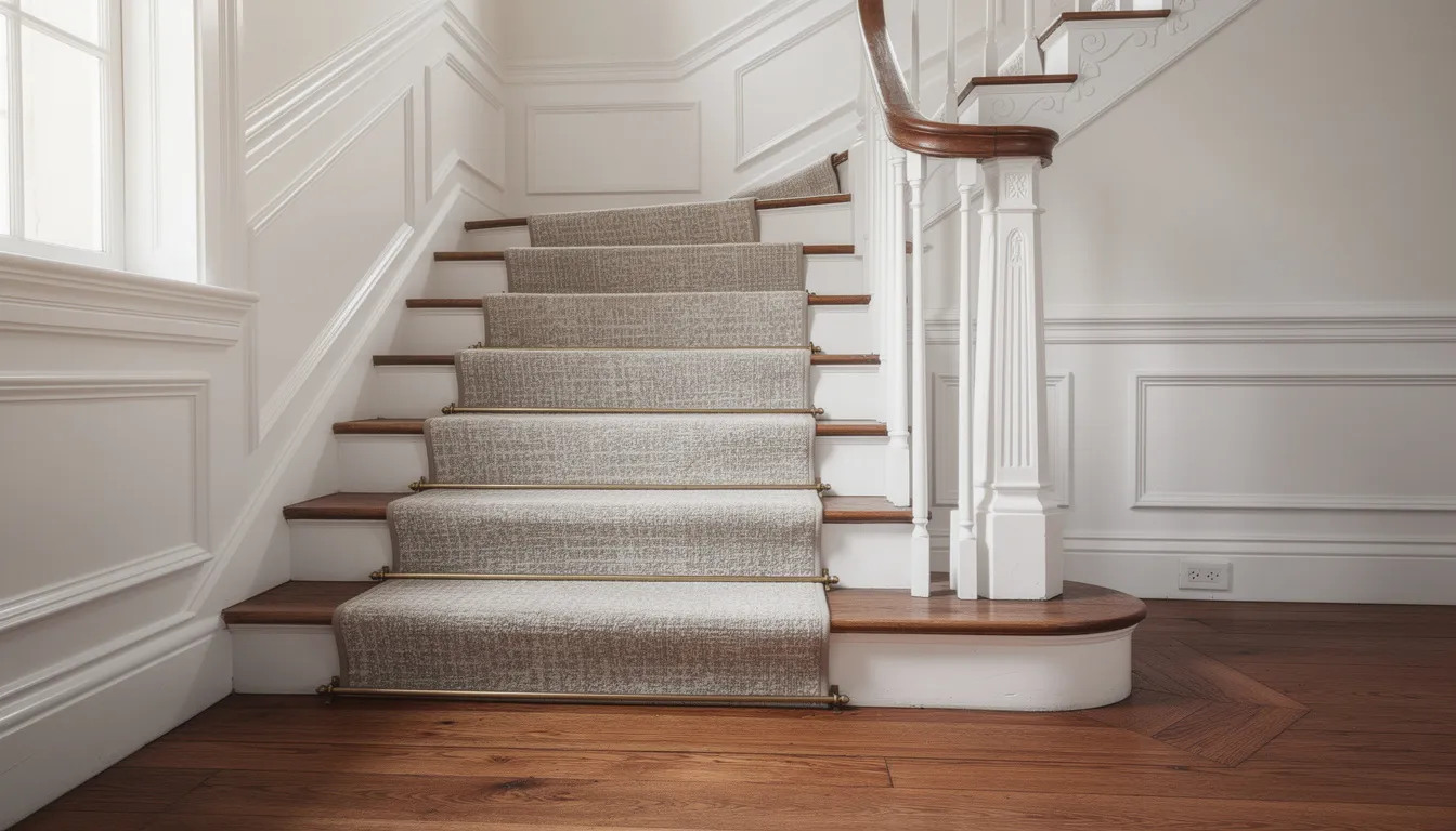 The image features an elegant stair runner in a classic Chicago home, beautifully complementing the hardwood floors and traditional millwork. This timeless addition enhances the space with its soft texture and charm, making it a perfect choice for rug enthusiasts seeking quality and style.