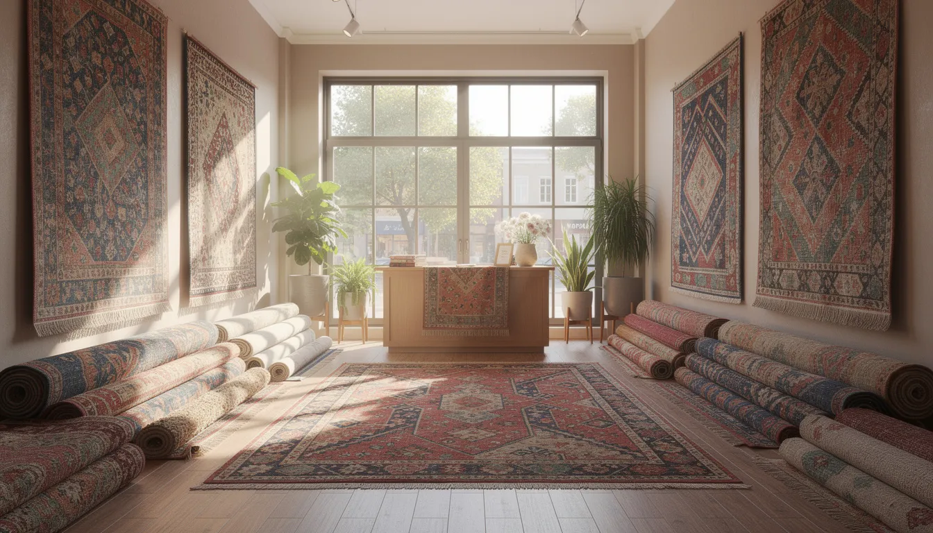 The image depicts a welcoming rug showroom filled with natural light, showcasing an exquisite collection of antique rugs and modern area rugs displayed on the walls and floors. This cozy space invites rug enthusiasts to explore a range of beautiful rugs that blend timeless elegance with quality craftsmanship.