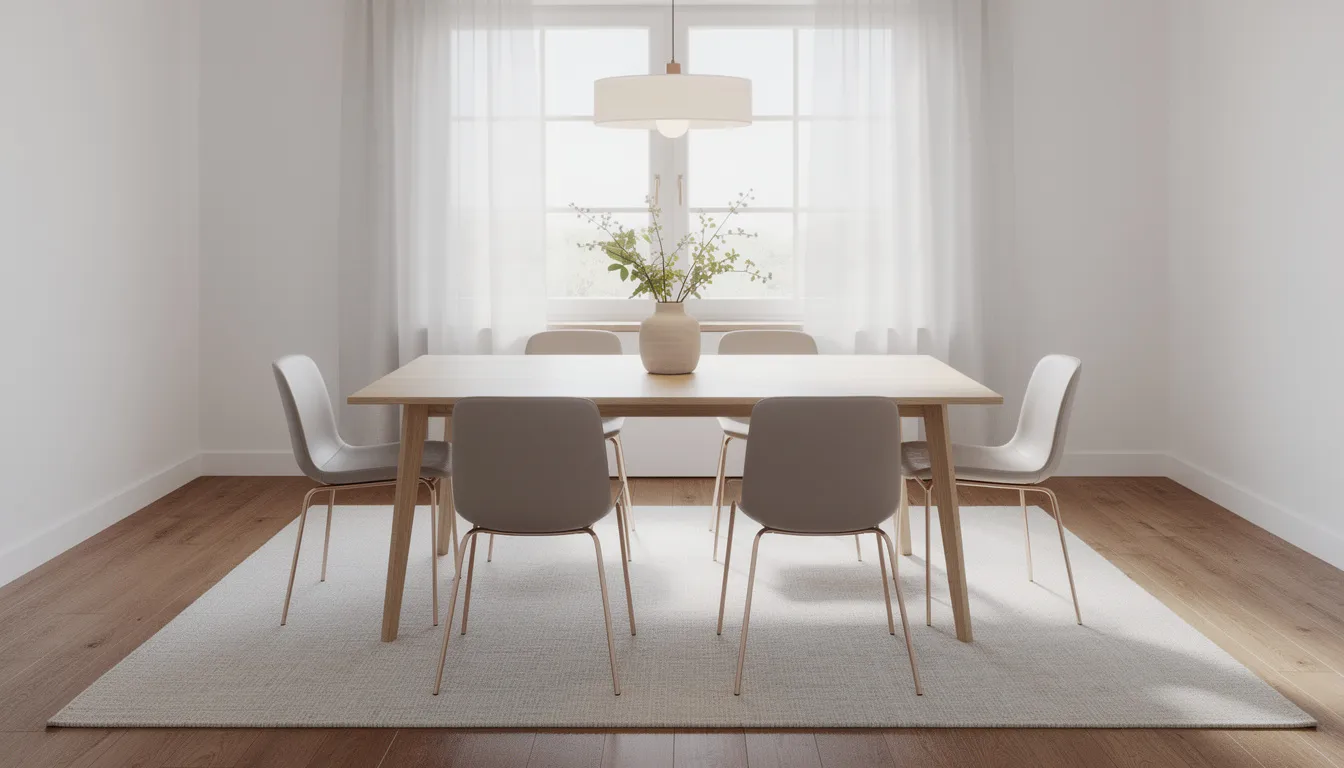 The image showcases an elegant dining room featuring a flatweave rug beneath a wooden dining table surrounded by modern chairs, creating a cozy and sophisticated atmosphere. The blend of colors and materials adds warmth and charm, making it a perfect space for gatherings.