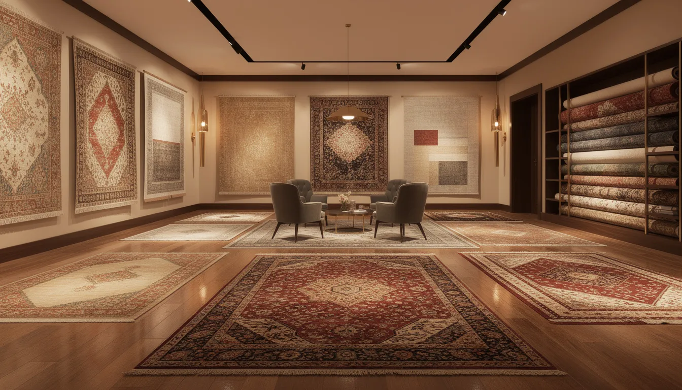The image depicts the interior of an elegant rug showroom, showcasing a variety of traditional and modern rugs displayed on the floor and walls, all illuminated by warm lighting that enhances the cozy atmosphere. This space invites visitors to discover the beauty and quality of Persian rugs and area rugs, perfect for transforming any room in a house with charm and sophistication.