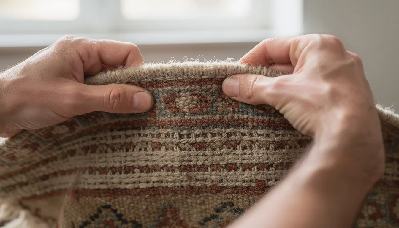 A pair of hands is closely examining the back of a wool rug, showcasing the intricate hand-knotted construction details typical of Ardabil rugs. The image highlights the craftsmanship and quality of Persian carpets, emphasizing the knot density and the use of natural materials.