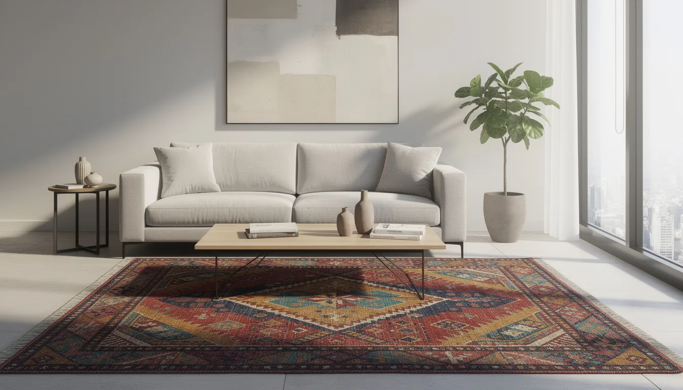The image depicts a contemporary living room featuring neutral-toned furniture, with a vibrant geometric Persian rug as the focal point. The rug showcases intricate patterns and rich colors, reflecting the exceptional quality and craftsmanship typical of Ardabil rugs, adding warmth and style to the space.