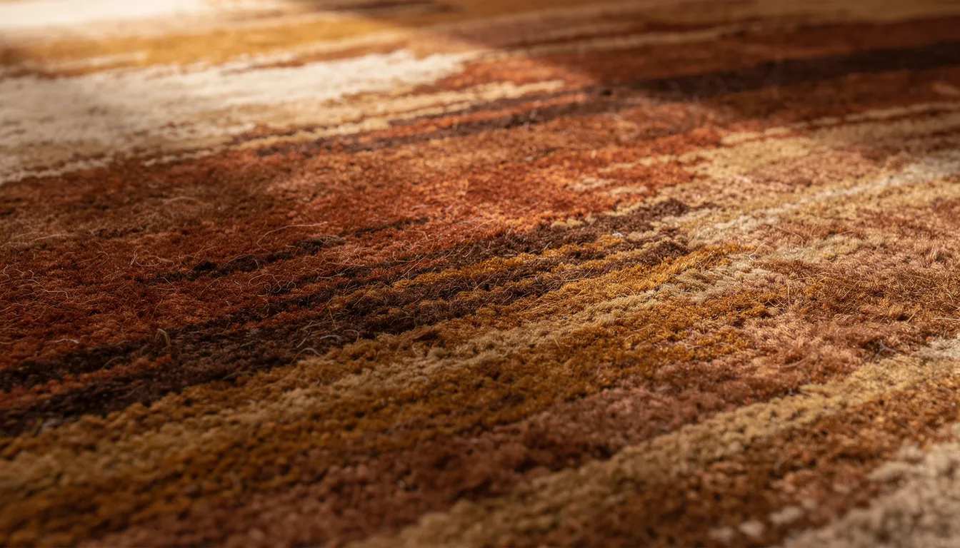 This close-up image showcases the texture of an abstract area rug, featuring painterly brushstroke patterns in warm earth tones, with visible wool fibers that add depth and visual interest. The rug embodies a modern abstract design, making it a cozy addition to any living space while effortlessly elevating the overall decor.