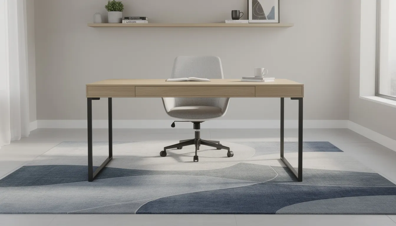 The image depicts a modern home office featuring a subtle abstract area rug in muted blues and greys, adding a cozy touch to the space. A sleek wooden desk paired with a contemporary chair complements the effortless style of the room, creating a sophisticated and functional work environment.