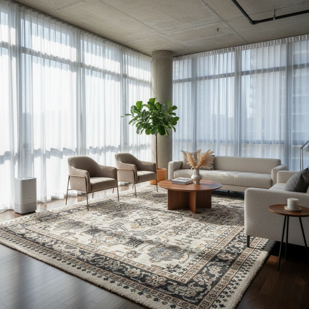 Luxury wool area rug in sunlit Chicago living room