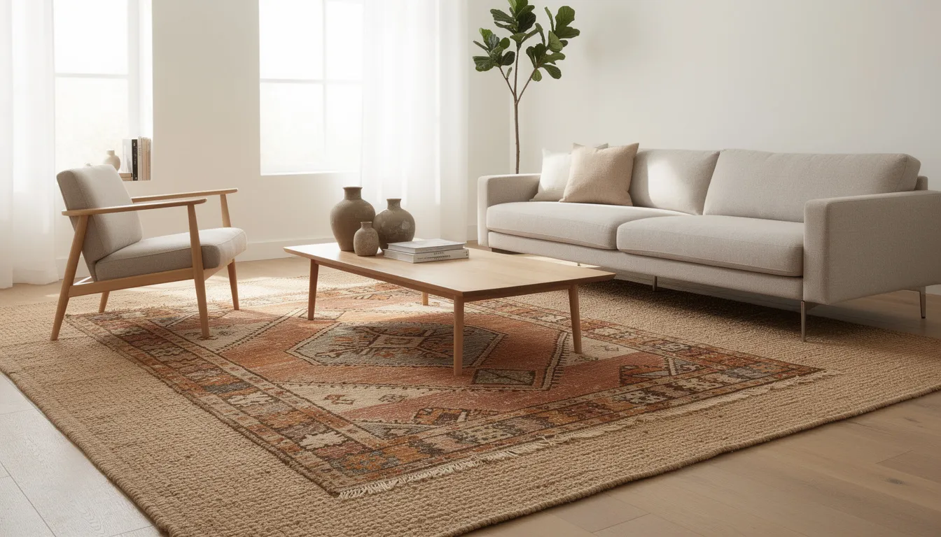 The image depicts a cozy living room featuring a layered Moroccan vintage rug placed over a natural sisal base, complemented by modern furniture. The combination of textures and colors adds warmth and unique charm to the space, showcasing a blend of traditional and contemporary style.