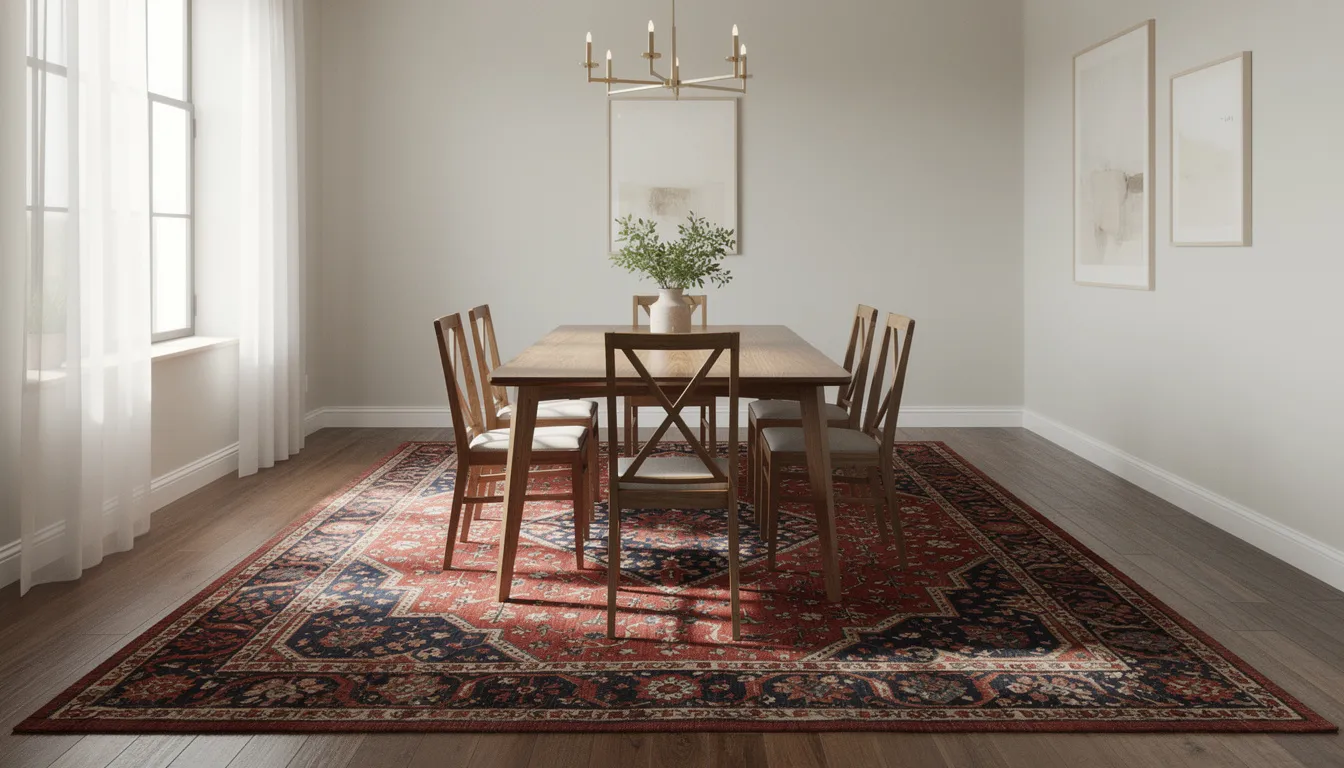An elegant dining room features a bold red and blue vintage Persian rug, hand knotted from natural fibers, positioned under a wooden table, adding unique charm and warmth to the space. The rug's intricate floral and geometric patterns enhance the room's style and character, creating a harmonious balance of color palettes.