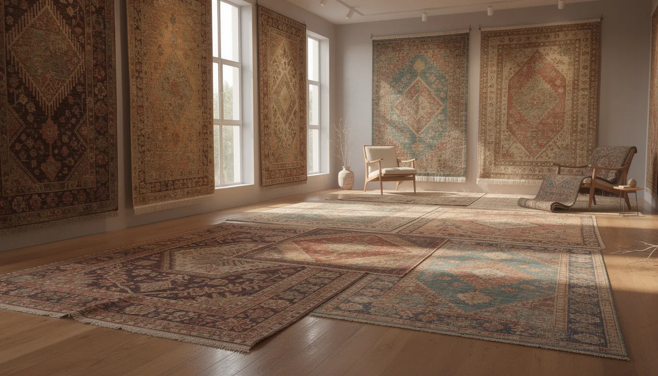 The image features a showroom display showcasing a variety of vintage rugs in different styles and colors, including floral, geometric, and traditional patterns. The rugs, made from natural fibers like wool and silk, are elegantly arranged both hanging and laid out on the floor, highlighting their unique charm and quality.