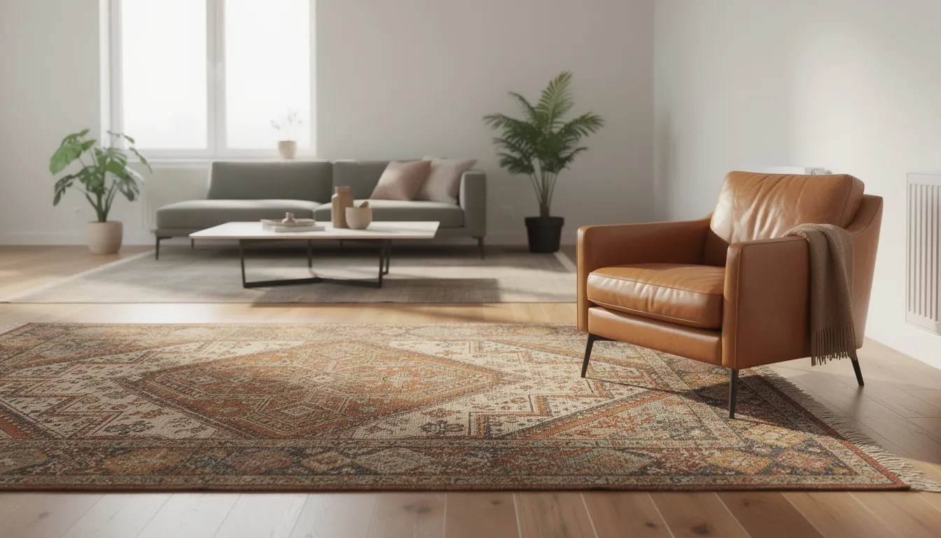 The image features a modern living room interior, showcasing a traditional woven Navajo rug as an accent piece beside a sleek leather armchair. The rug, crafted from natural wool, adds a touch of textile art and cultural heritage to the contemporary space.