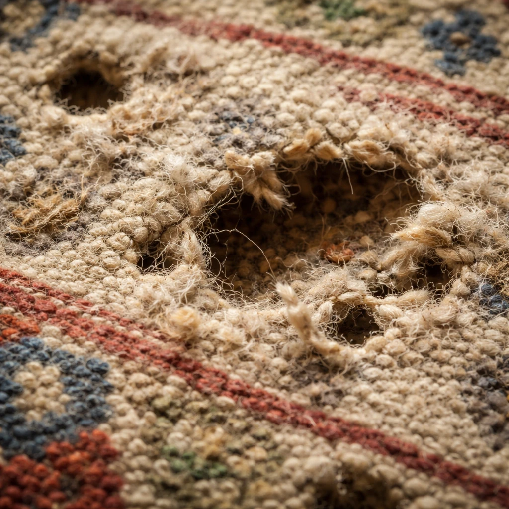 Small irregular holes in wool rug caused by moth larvae