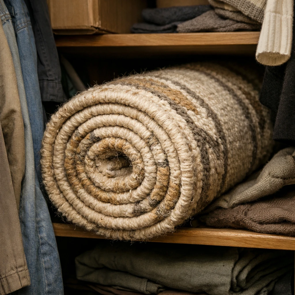 Wool rug rolled and stored in closet